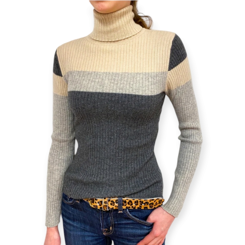 Colorblock Ribbed Turtleneck Sweater - Neutral Stripe